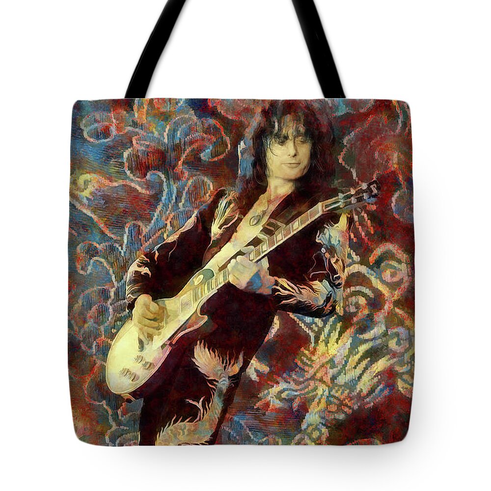 Led Zeppelin Tote Bag featuring the mixed media Led Zeppelin Jimmy Page Art Trampled Under Foot by The Rocker Chic