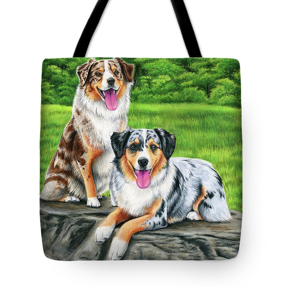 Australian Shepherd Tote Bag featuring the painting Lego and Drew by Rebecca Wang