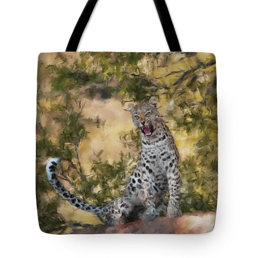 Leopard Tote Bag featuring the painting Leopard Watching by Gary Arnold