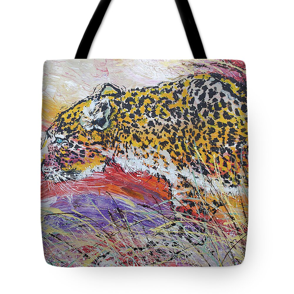 Leopard Tote Bag featuring the painting Leopard's Gaze by Jyotika Shroff