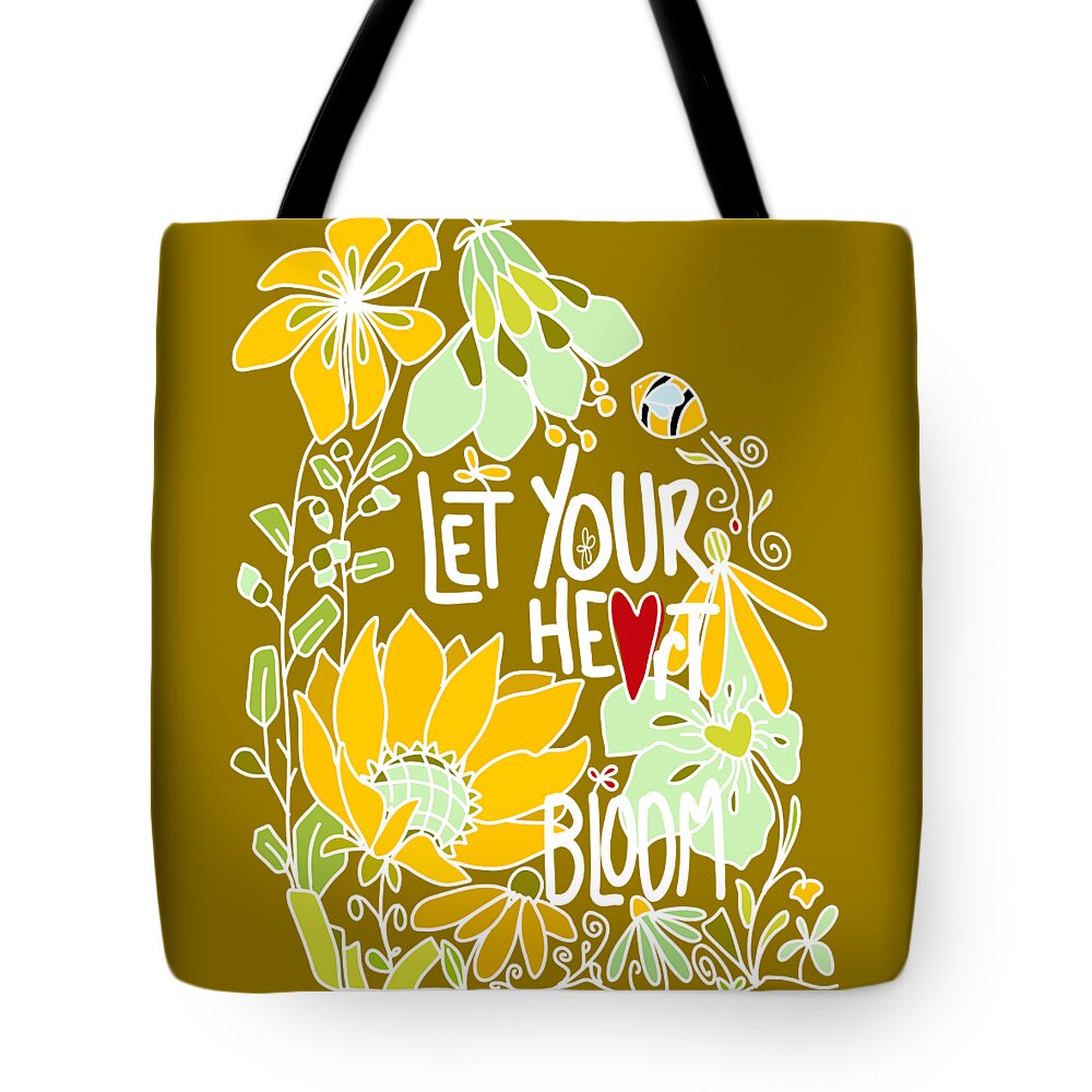Let Your Heart Bloom Tote Bag featuring the digital art Let Your Heart Bloom - Mint Green and Yellow and White Line Art by Patricia Awapara