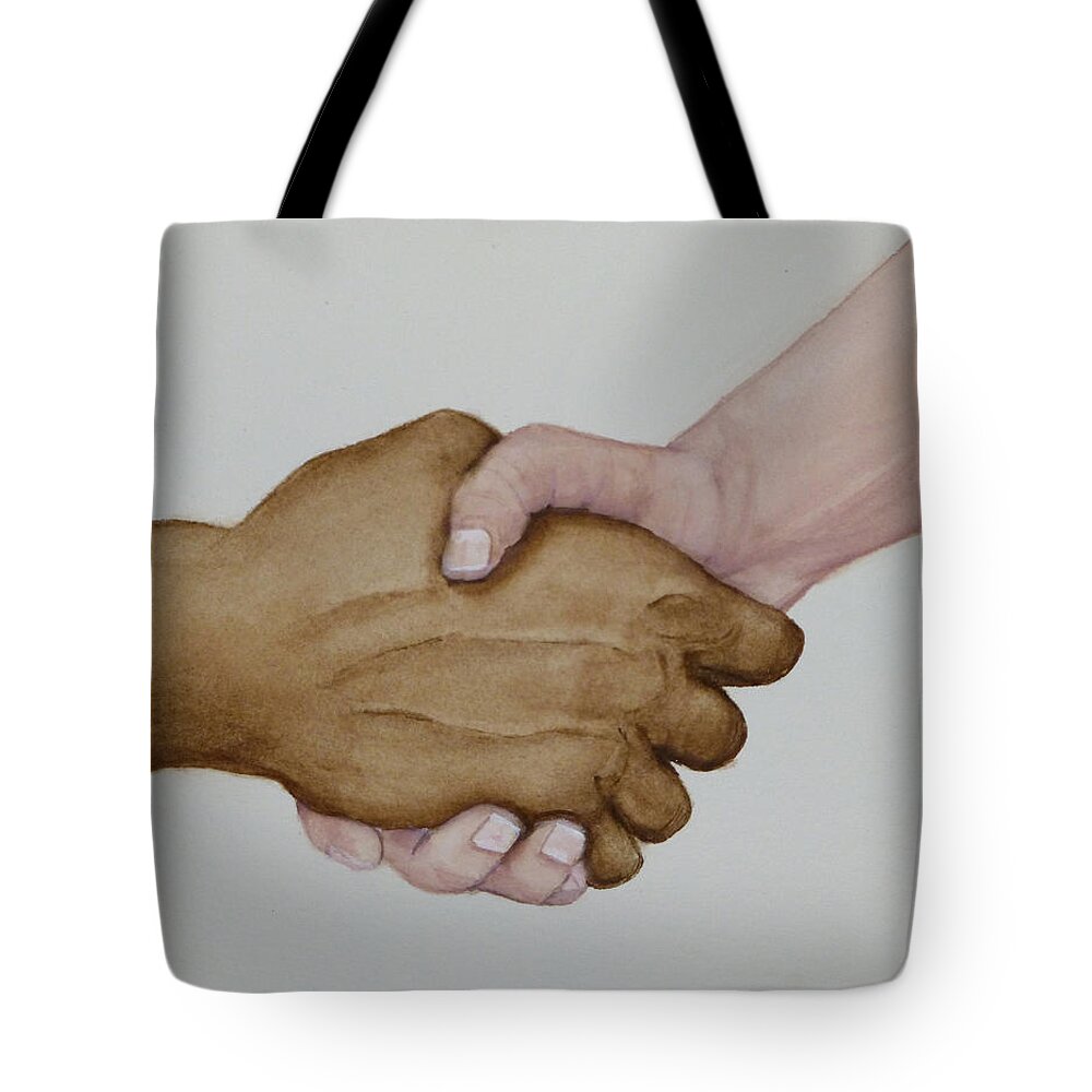 Hands Tote Bag featuring the painting Let's Shake Hands On it by Kelly Mills