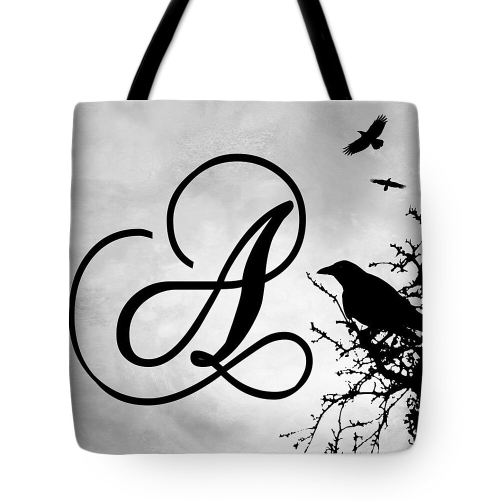 Letter A Tote Bag featuring the mixed media Letter A Design 43 Crow Birds by Lucie Dumas