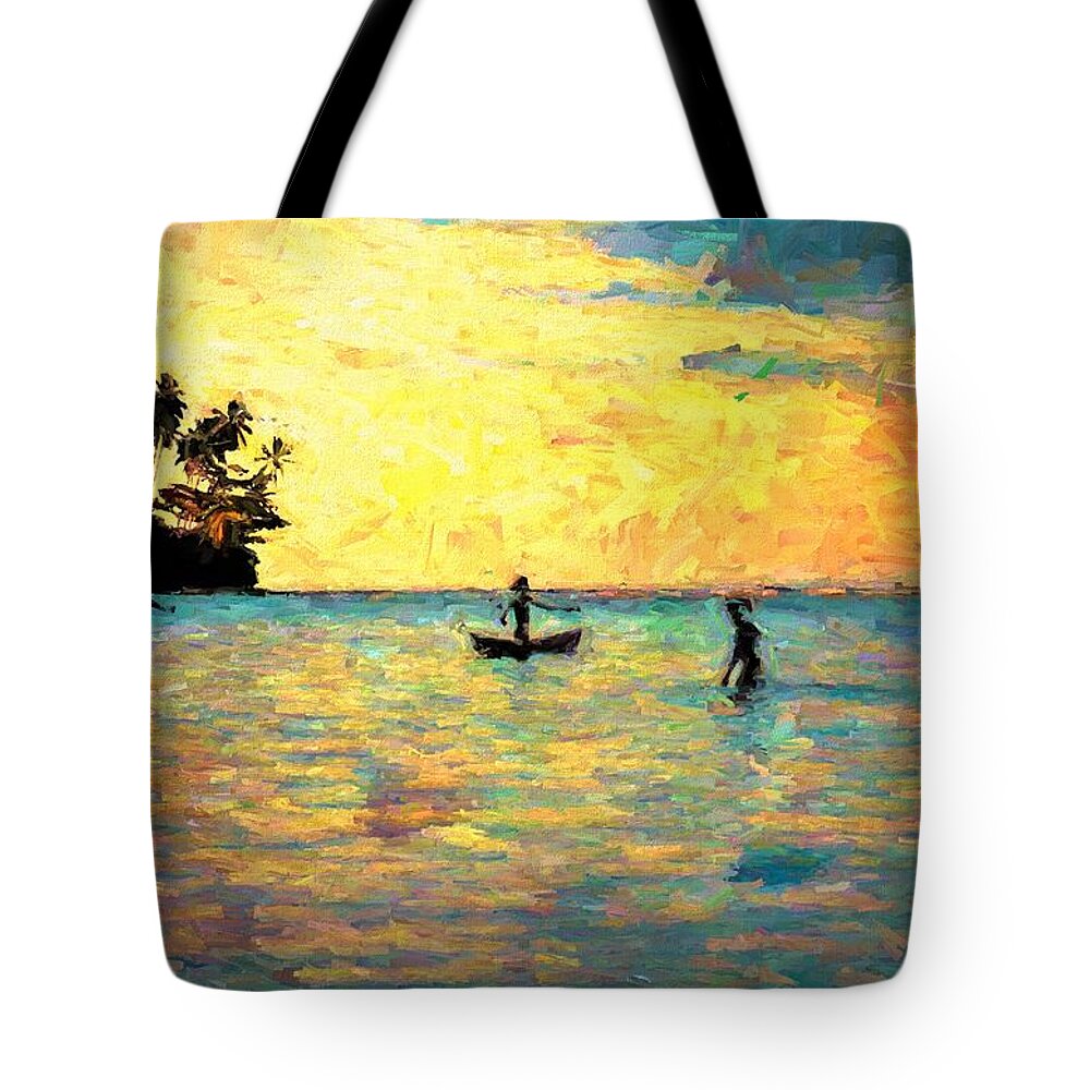 View Tote Bag featuring the mixed media Liapari Island Fishing In The Lagoon by Joan Stratton