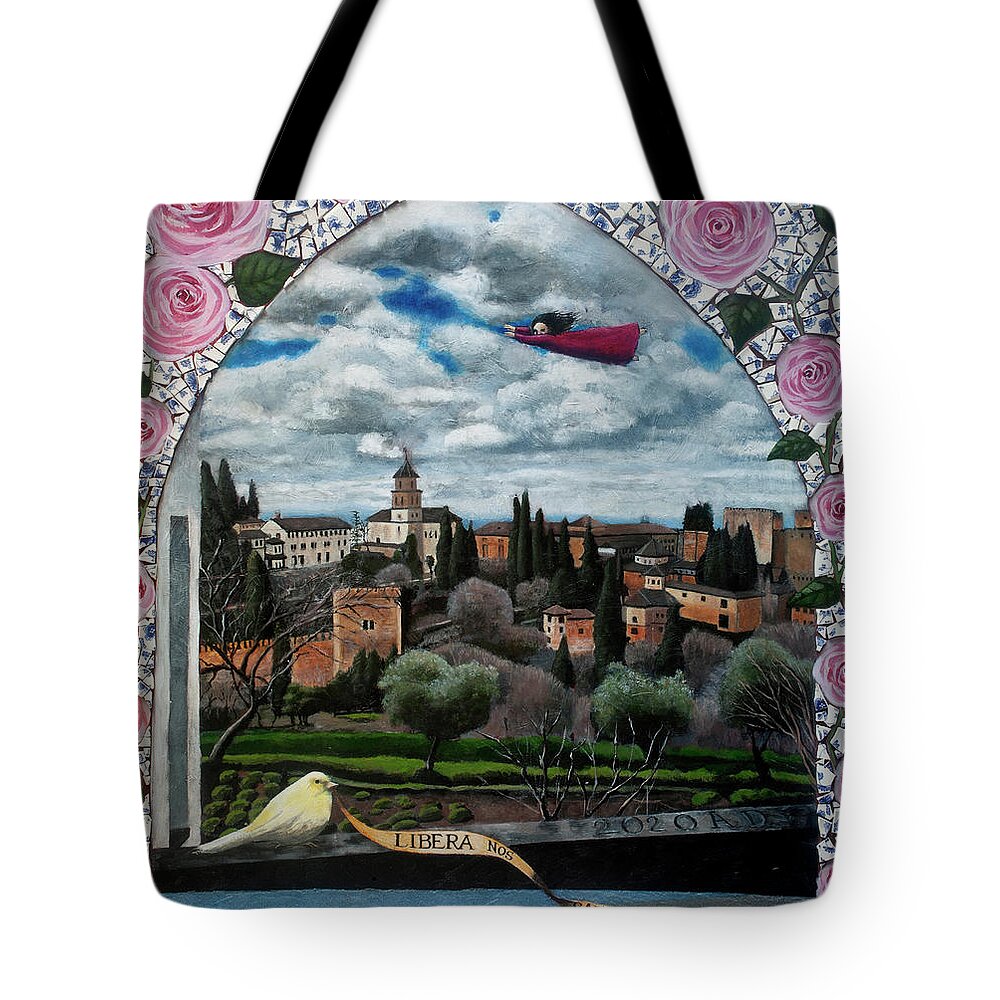Latin Tote Bag featuring the painting Libera Nos, Salva Nos by Pauline Lim