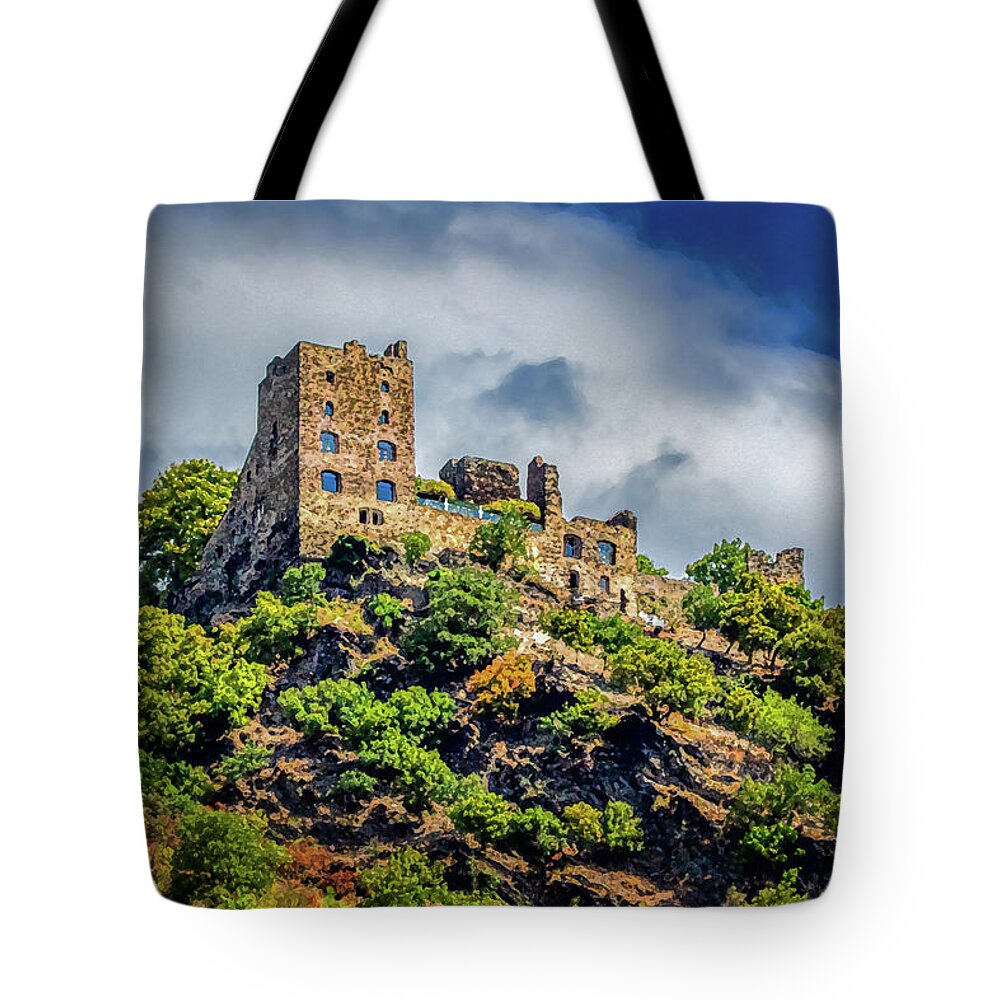 Liebenstein Castle Tote Bag featuring the digital art Liebenstein Castle, Dry Brush on Sandstone by Ron Long Ltd Photography