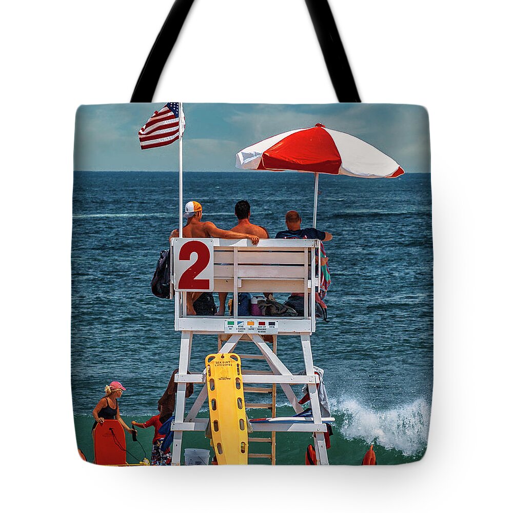 New Jersey Tote Bag featuring the photograph Life Guards on the beach by Nick Zelinsky Jr