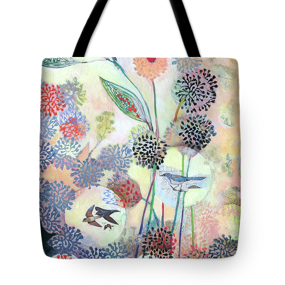 Floral Tote Bag featuring the mixed media Lifting Up and Letting Go into the Light of the Song by Jennifer Lommers