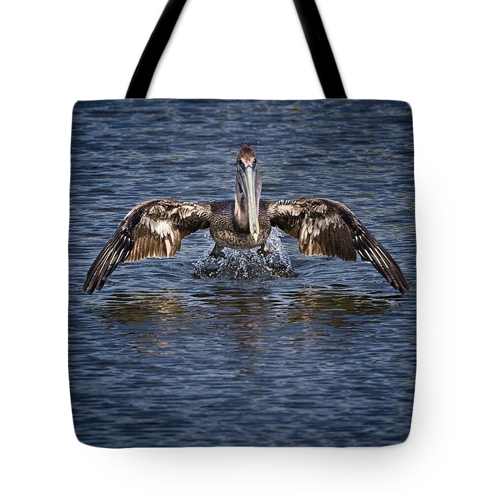 Brown Pelican Tote Bag featuring the photograph Liftoff by Ronald Lutz