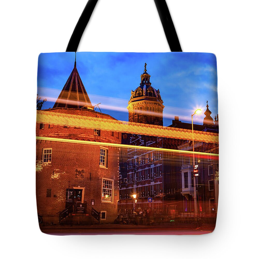 Amsterdam Tote Bag featuring the photograph Light Trails in City of Amsterdam by Artur Bogacki