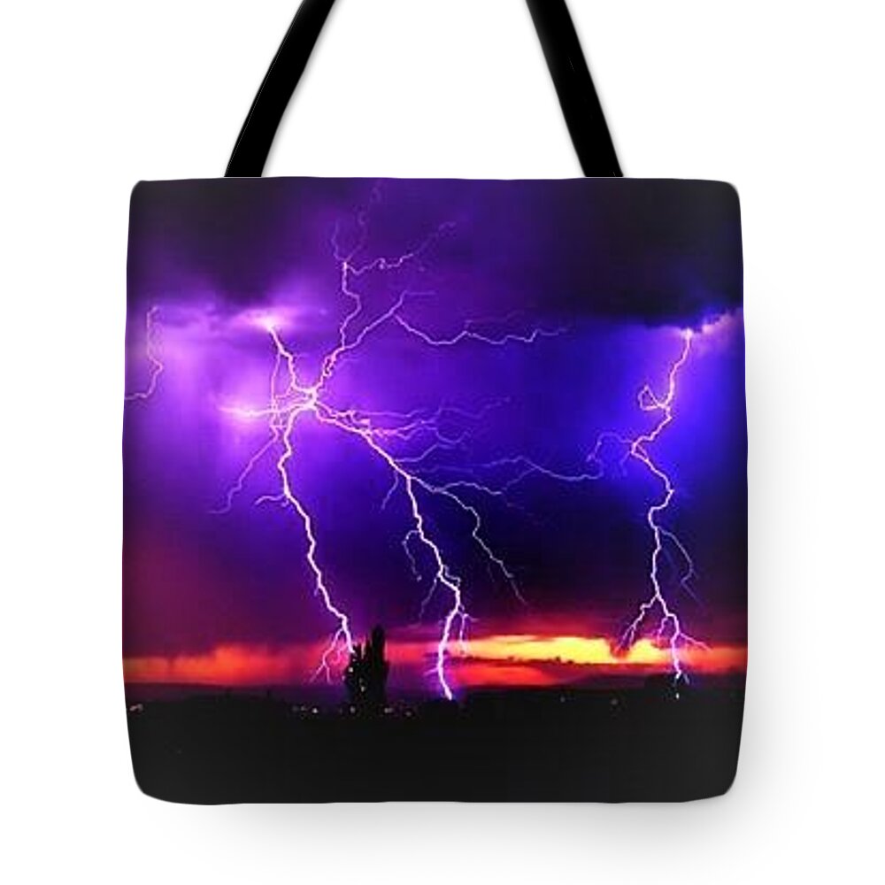 Purple Tote Bag featuring the photograph Lightening Strikes by Sandy Poore