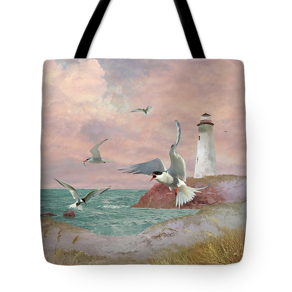 Lighthouse Tote Bag featuring the digital art Lighthouse and Terns by M Spadecaller