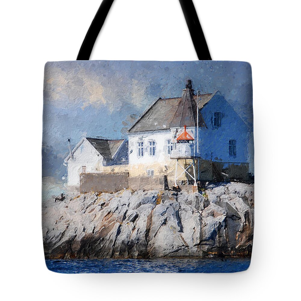 Lighthouse Tote Bag featuring the digital art Saltholmen lighthouse by Geir Rosset