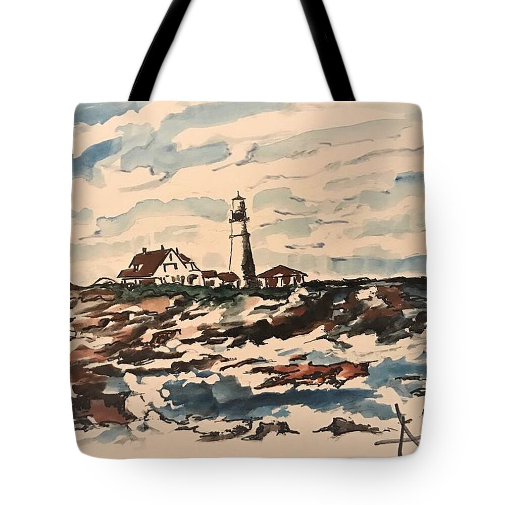  Tote Bag featuring the painting Lighthouse by Angie ONeal