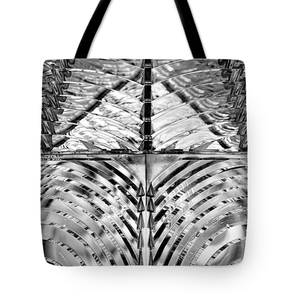 Black Tote Bag featuring the photograph Lighthouse Glass in Black and White by Carolyn Hutchins