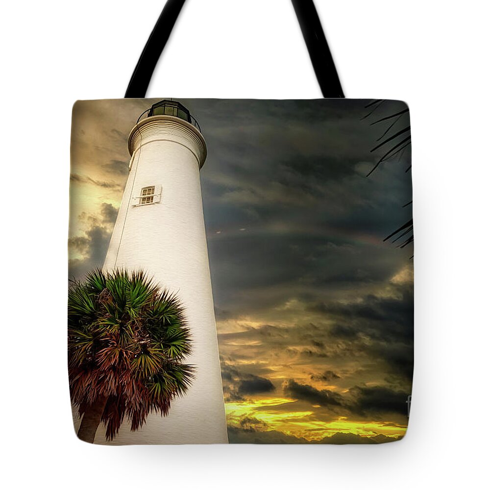 Lighthouse Tote Bag featuring the mixed media Lighthouse Rainbow by DB Hayes