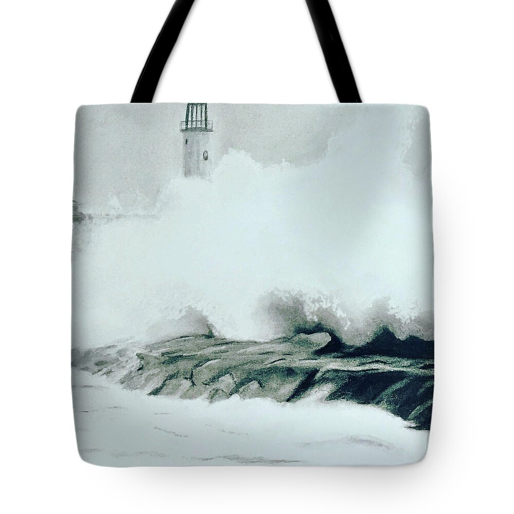 Ocean Tote Bag featuring the drawing Lighthouse Surf and Spray by Tracy Hutchinson