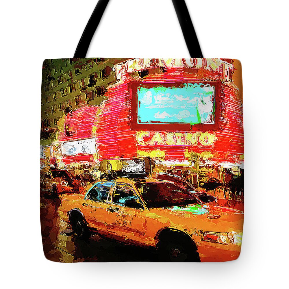Fremont Casino Tote Bag featuring the digital art Lights and Action on Fremont Street Experience Las Vegas by Tatiana Travelways