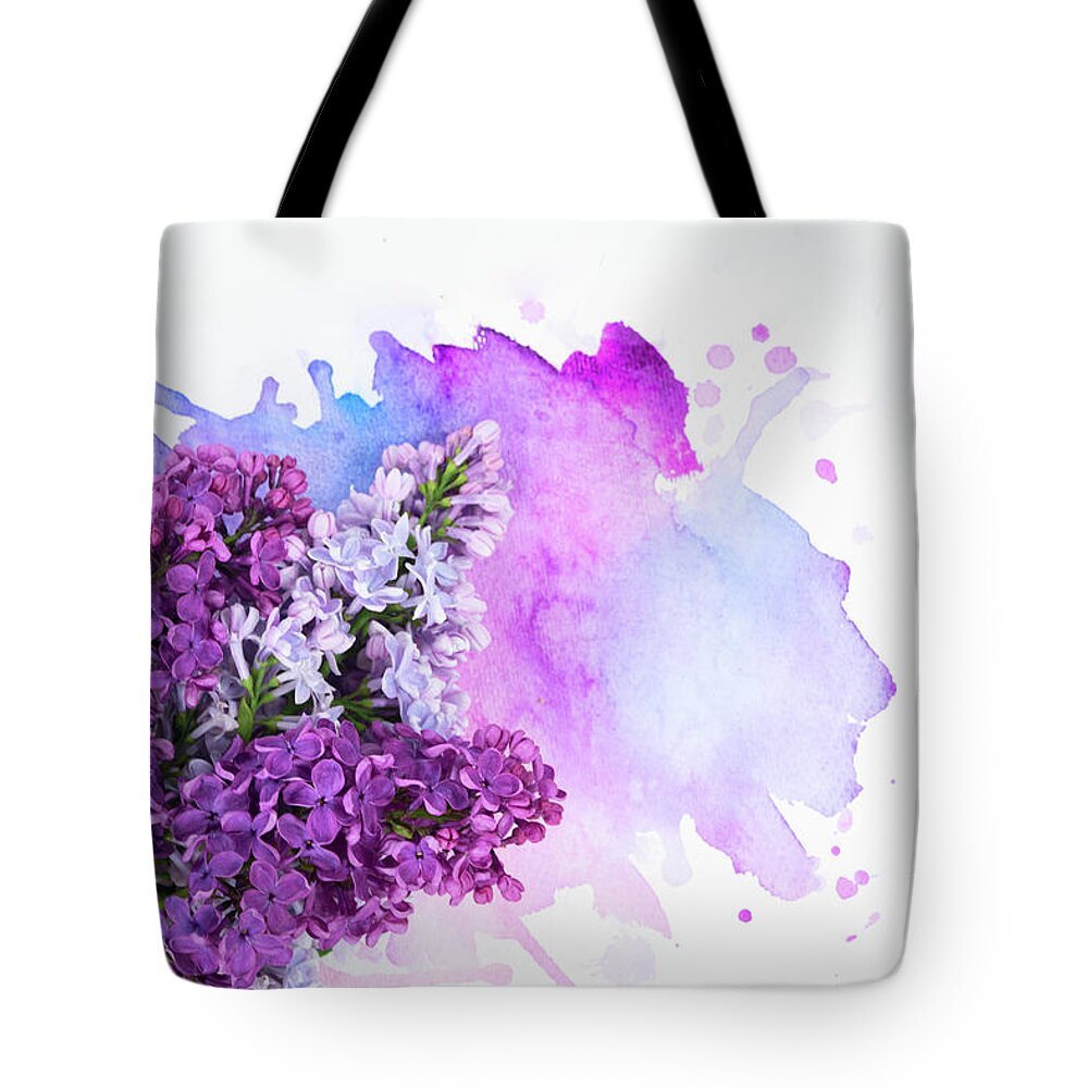 Lilac Tote Bag featuring the photograph Lilac flowers on watercolor by Anastasy Yarmolovich