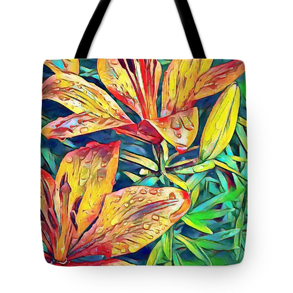 Macro Tote Bag featuring the mixed media Lilies after the Rain by Ron Grafe