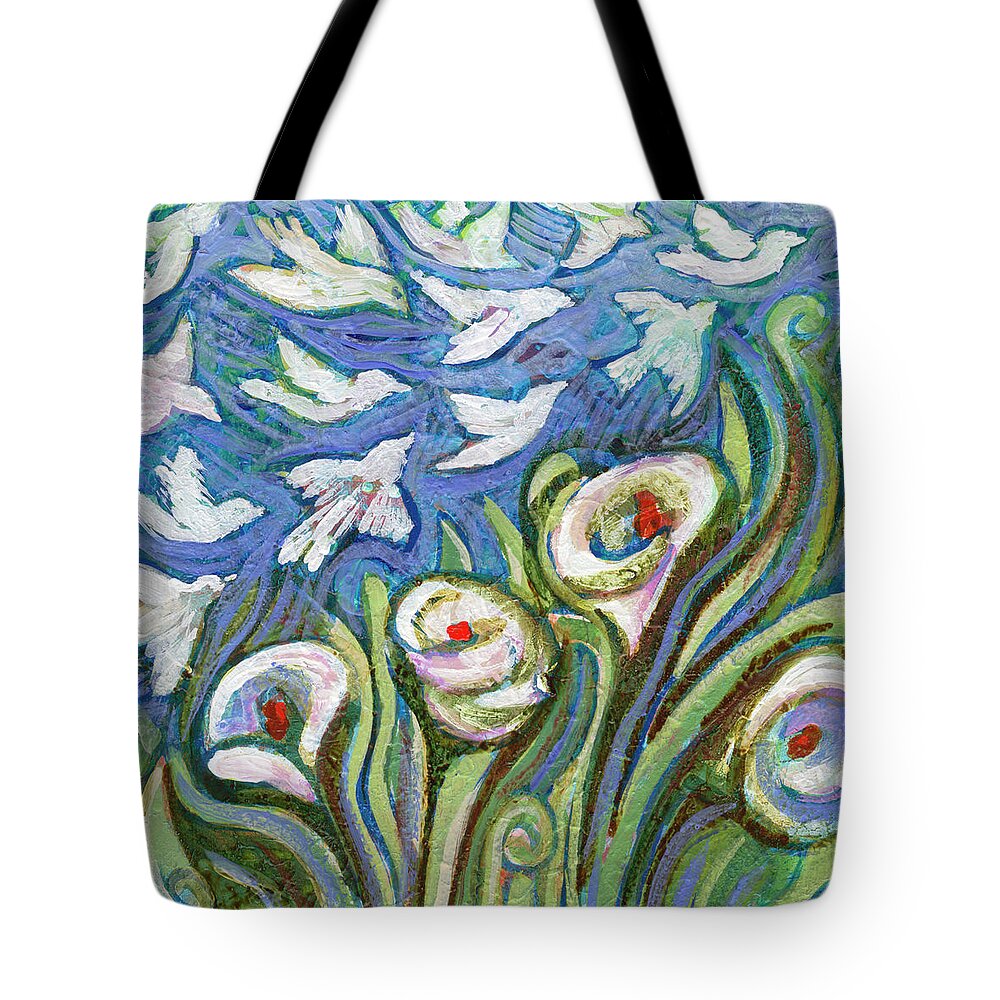 Jen Norton Tote Bag featuring the painting Lilies and Birds by Jen Norton