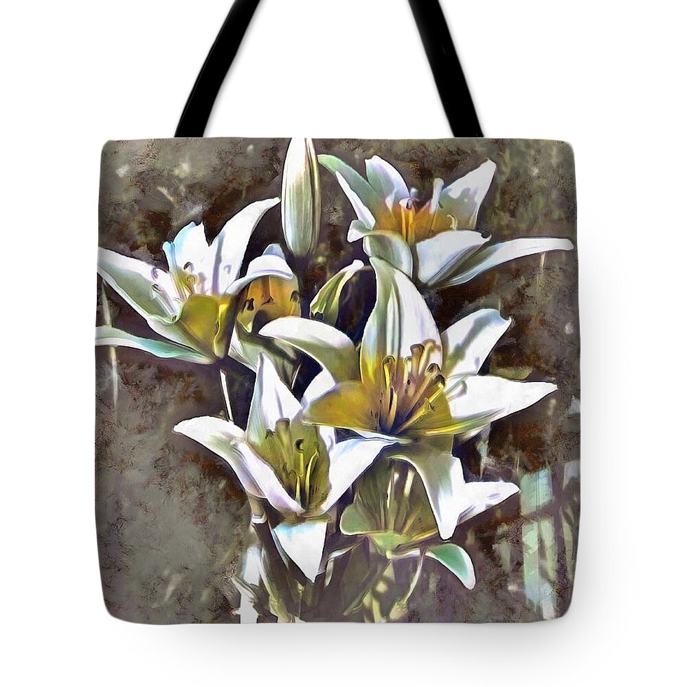 Lilies Tote Bag featuring the mixed media Lilies by Christopher Reed