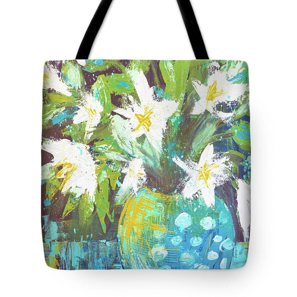 Lilies Tote Bag featuring the painting Lilies in Teal Polka Dots by Joanne Herrmann