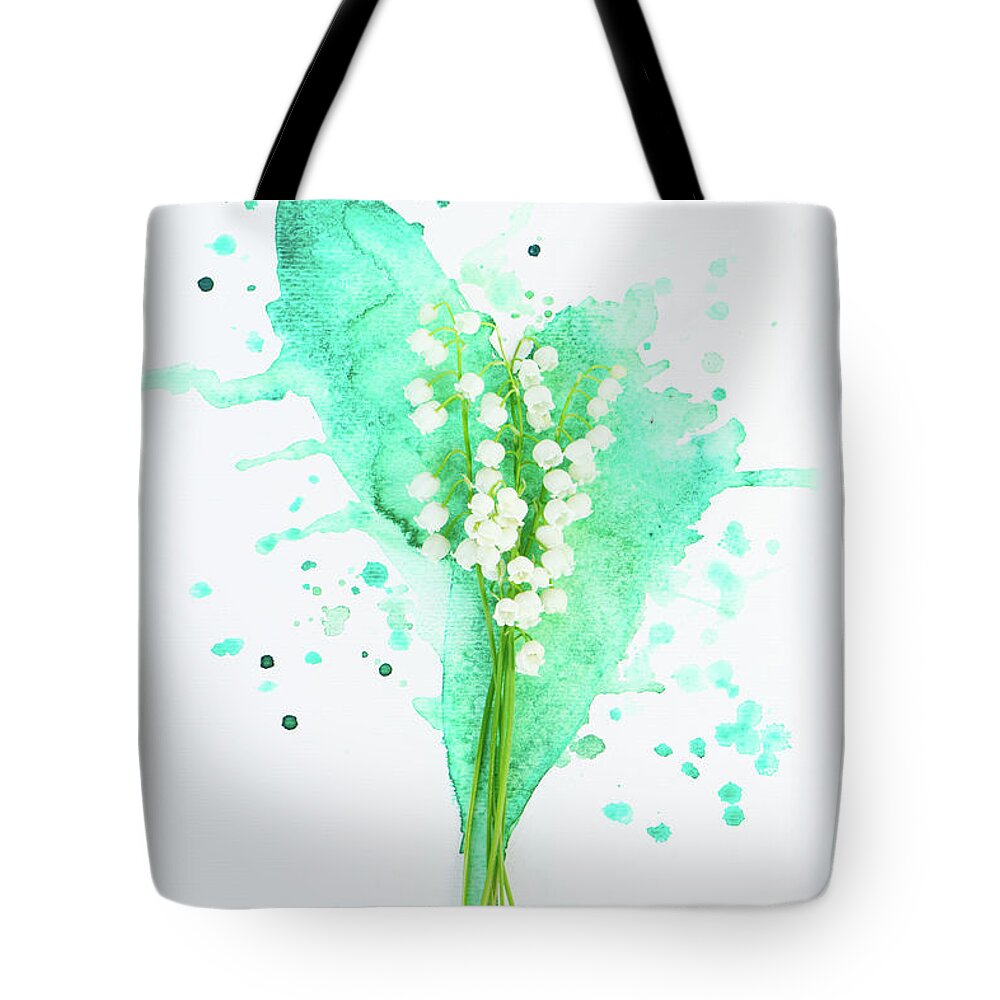 Lilly Of The Valley Tote Bag featuring the photograph Lilly of the valley on watercolor by Anastasy Yarmolovich