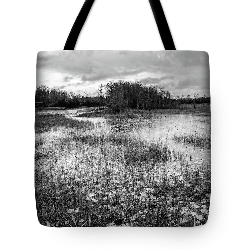 Black Tote Bag featuring the photograph Lilypads in the Marsh Waters Black and White by Debra and Dave Vanderlaan