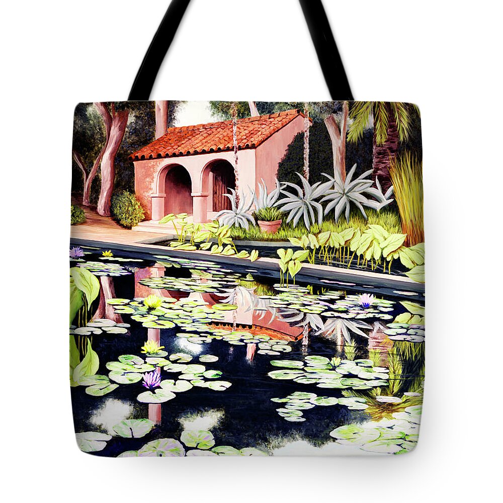 Swimming Pool Tote Bag featuring the painting LILY'S GARDEN - Prints of oil painting by Mary Grden