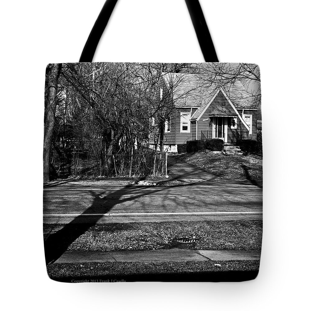 Black And White Tote Bag featuring the photograph Lines and Shadows on the Street by Frank J Casella
