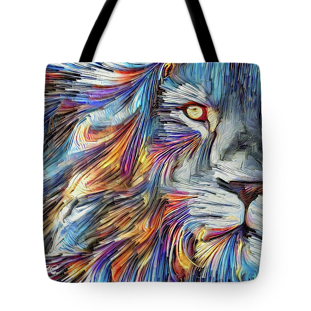 Lion Tote Bag featuring the digital art Lion - King of the Colors by Dave Lee