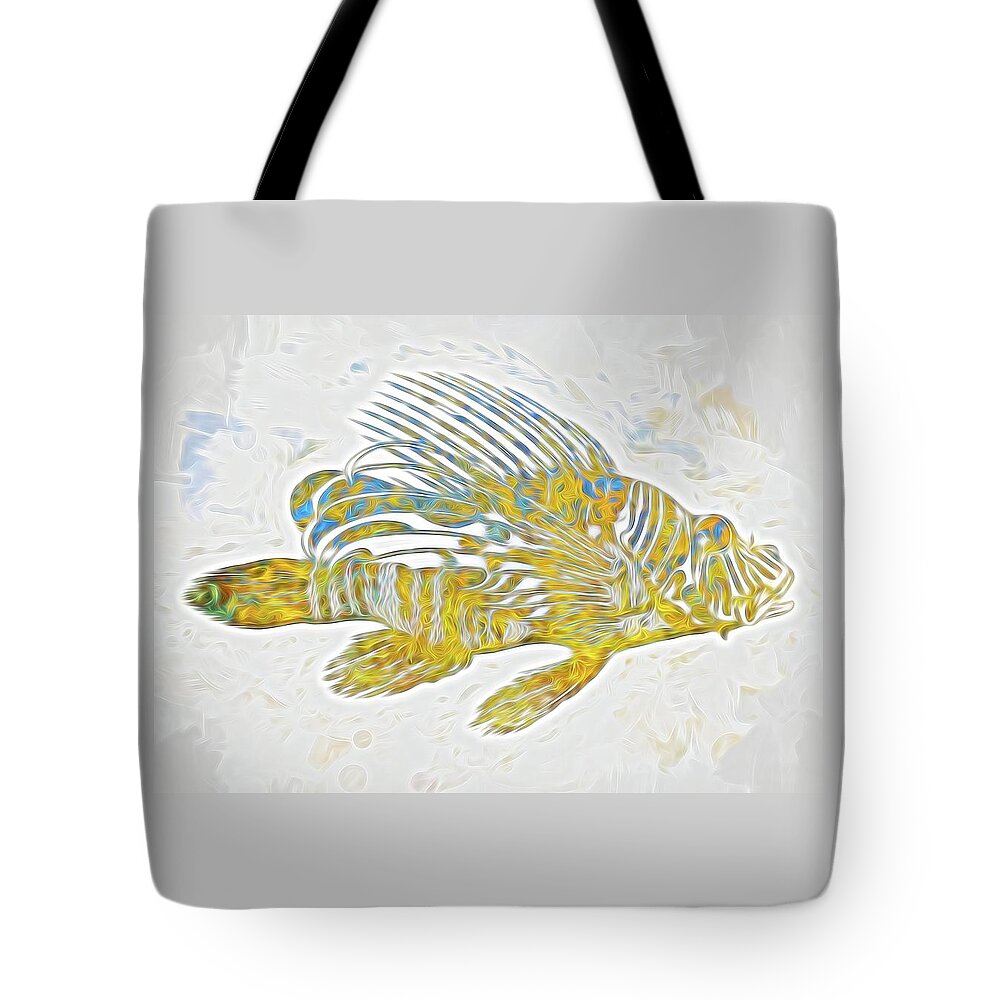 Lionfish Tote Bag featuring the digital art Lionfish by Rebecca Herranen