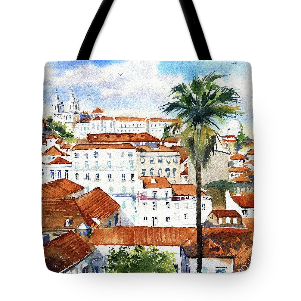Portugal Tote Bag featuring the painting Lisbon Alfama View Painting by Dora Hathazi Mendes