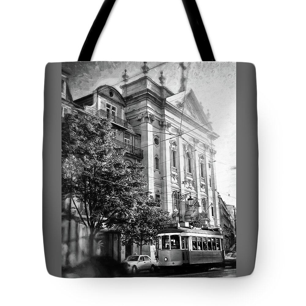 Lisbon Tote Bag featuring the photograph Lisbon City Tram 28 Black and White by Carol Japp