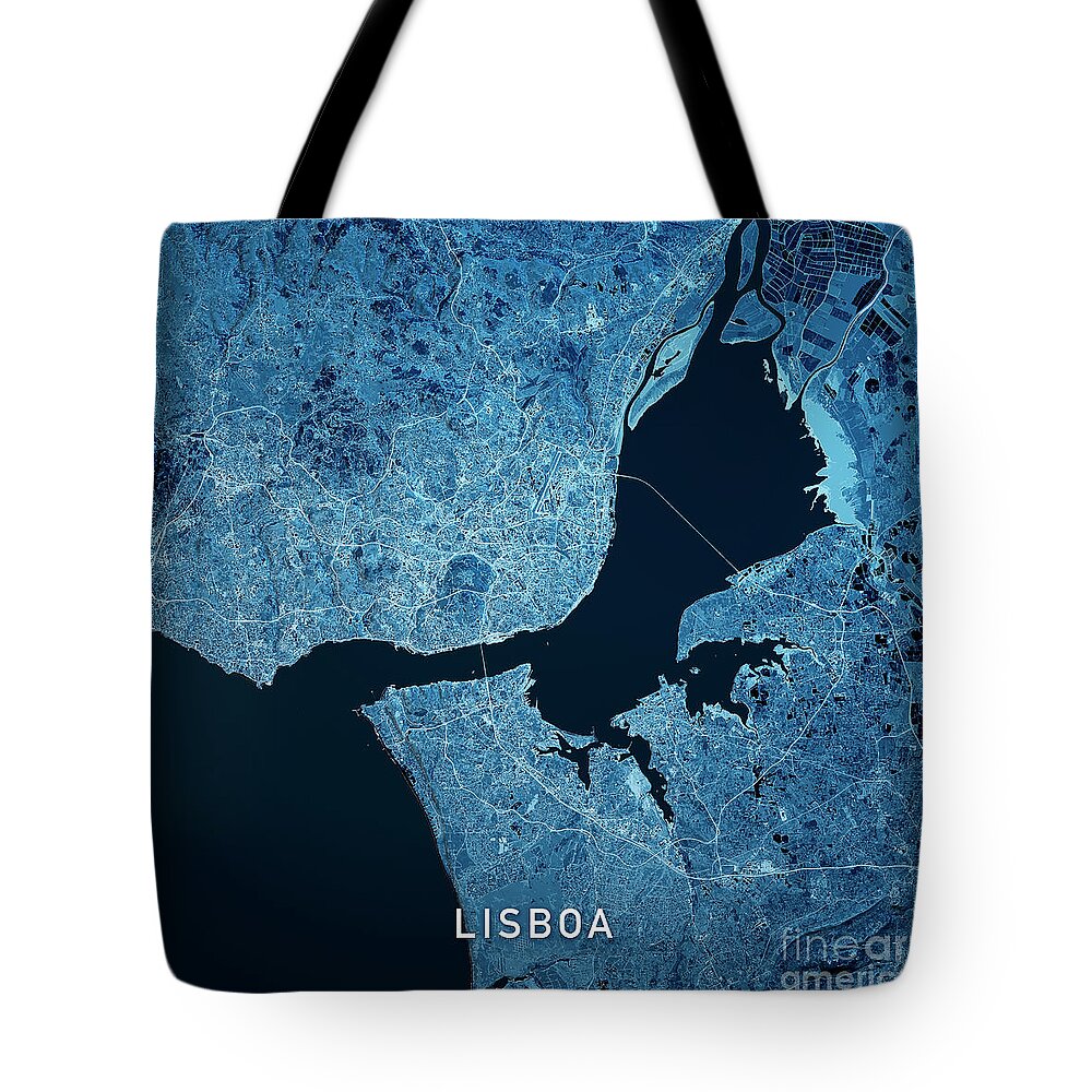 Lisbon Tote Bag featuring the digital art Lisbon Portugal 3D Render Map Blue Top View Sep 2019 by Frank Ramspott