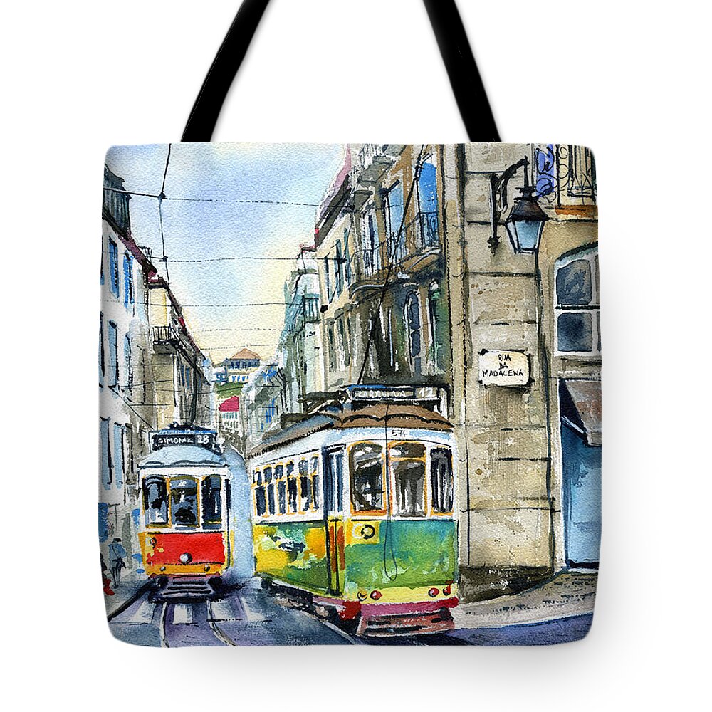 Lisboa Tote Bag featuring the painting Lisbon Trams at Rua Da Madalena by Dora Hathazi Mendes
