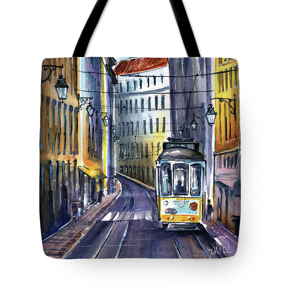 Lisbon Tote Bag featuring the painting Lisbon Yellow Tram Painting by Dora Hathazi Mendes