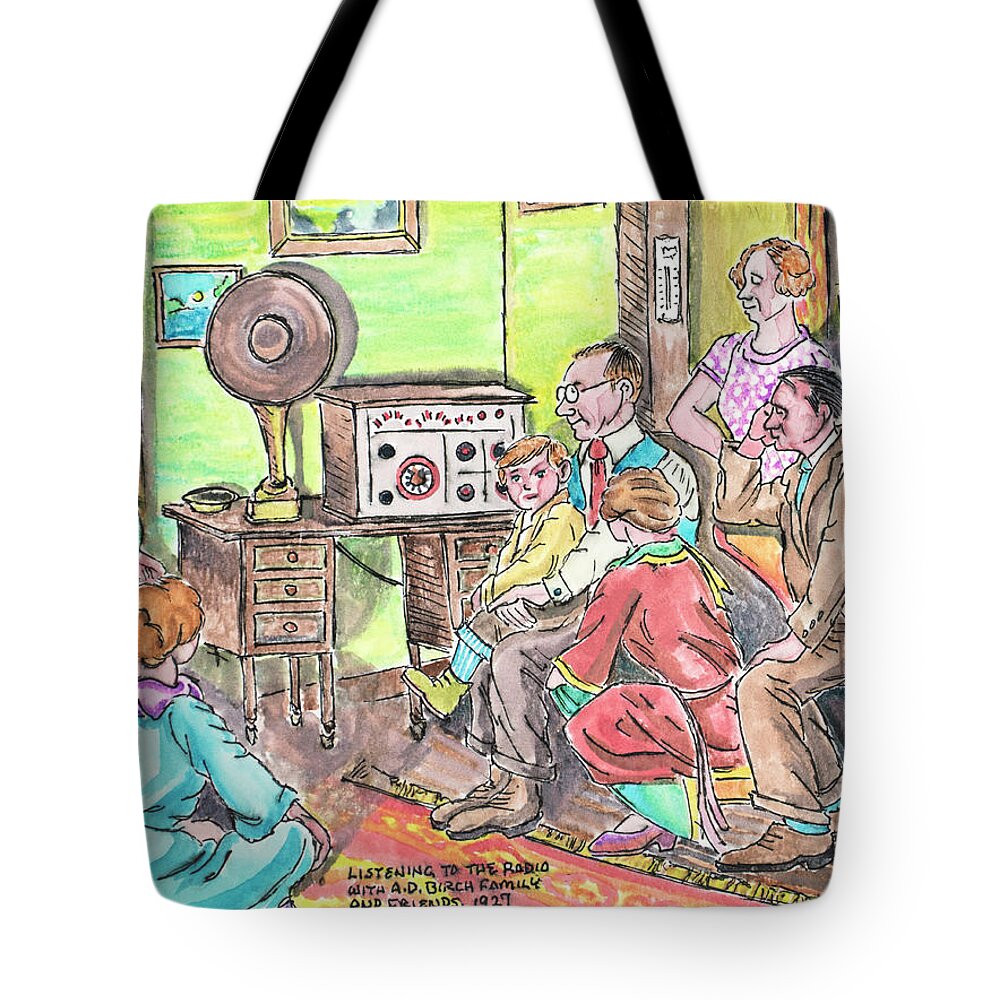 Family Tote Bag featuring the painting Listening To The Radio by The GYPSY