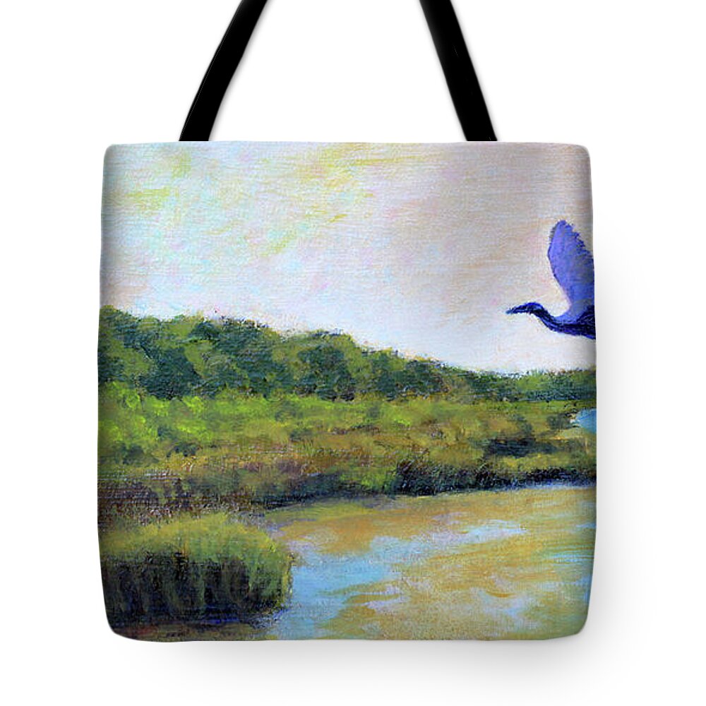Blue Heron Tote Bag featuring the painting Little Blue Heron by David Zimmerman