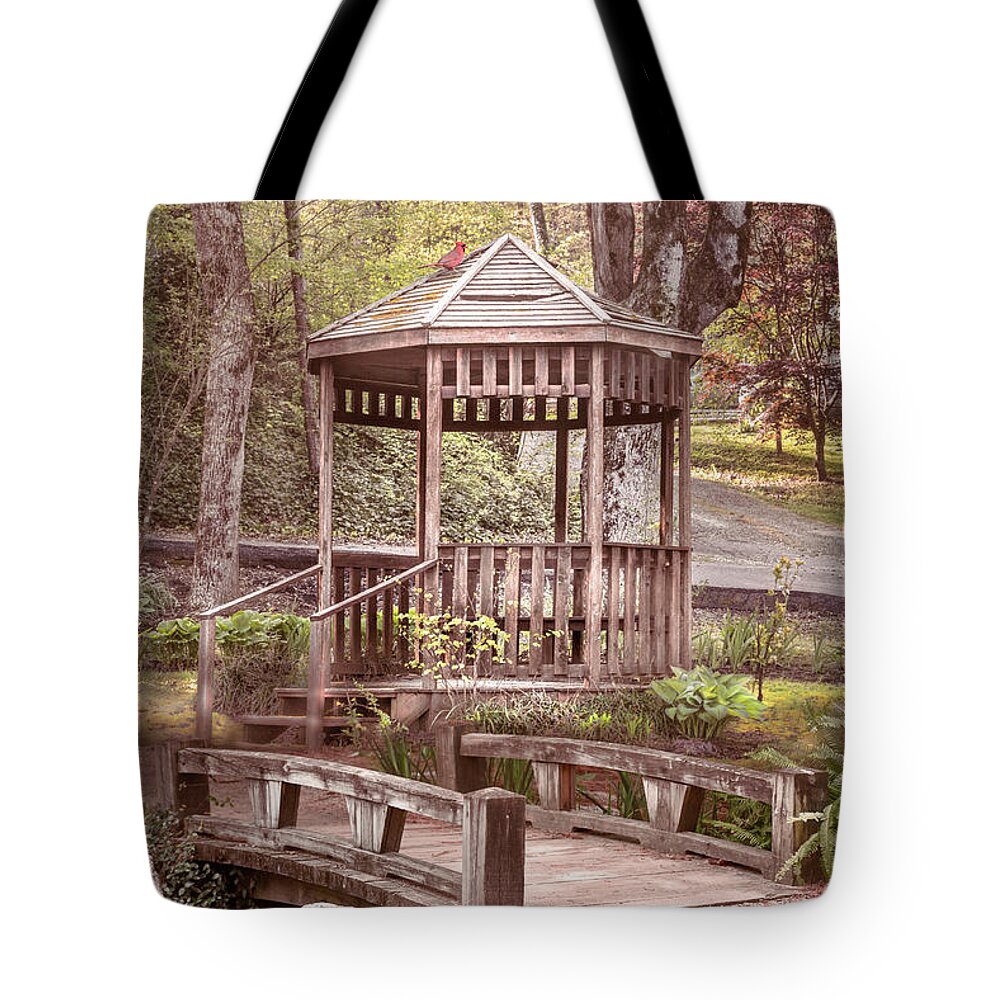 Barns Tote Bag featuring the photograph Little Bridge at the Country Garden Gazebo by Debra and Dave Vanderlaan