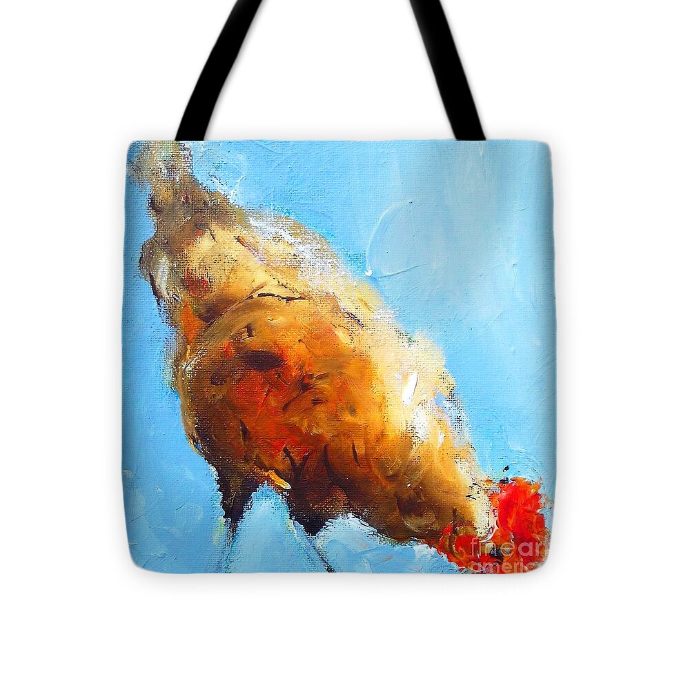 Chicken Tote Bag featuring the painting Little chick on blue paintings by Mary Cahalan Lee - aka PIXI