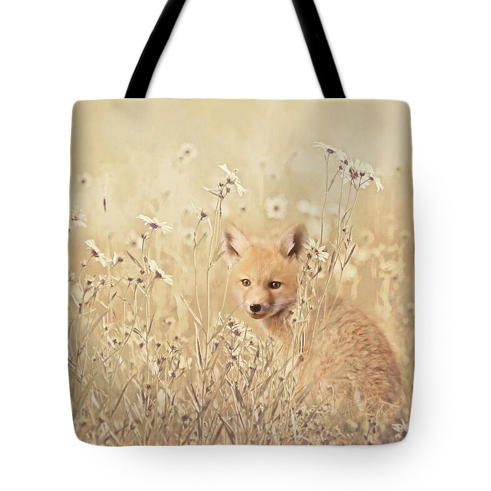 Fox Tote Bag featuring the photograph Little Fox in Field of Wild Flowers by Jennie Marie Schell