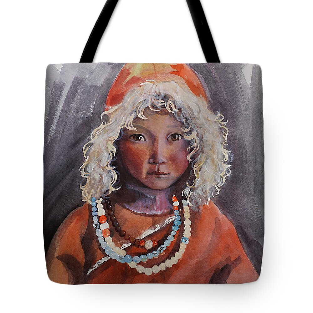 Little Girl Tote Bag featuring the painting Little Girl by Munkhzul Bundgaa