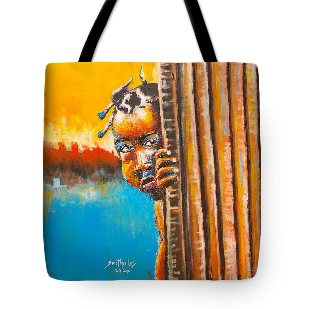 Living Room Tote Bag featuring the painting Little Girl Peeping by Olaoluwa Smith