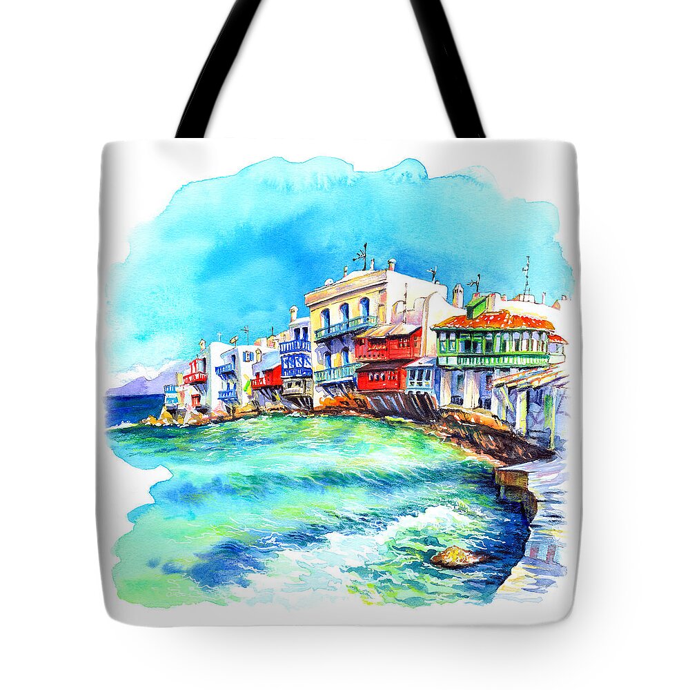 Little Venice Tote Bag featuring the painting Little Venice on Island Mykonos by Miki De Goodaboom