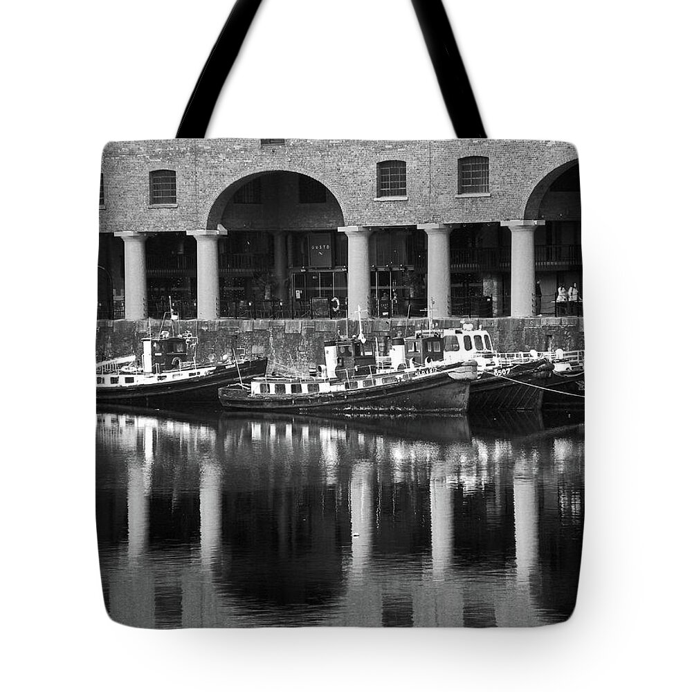 Liverpool Tote Bag featuring the photograph LIVERPOOL. Albert Dock Moored Boats B. by Lachlan Main