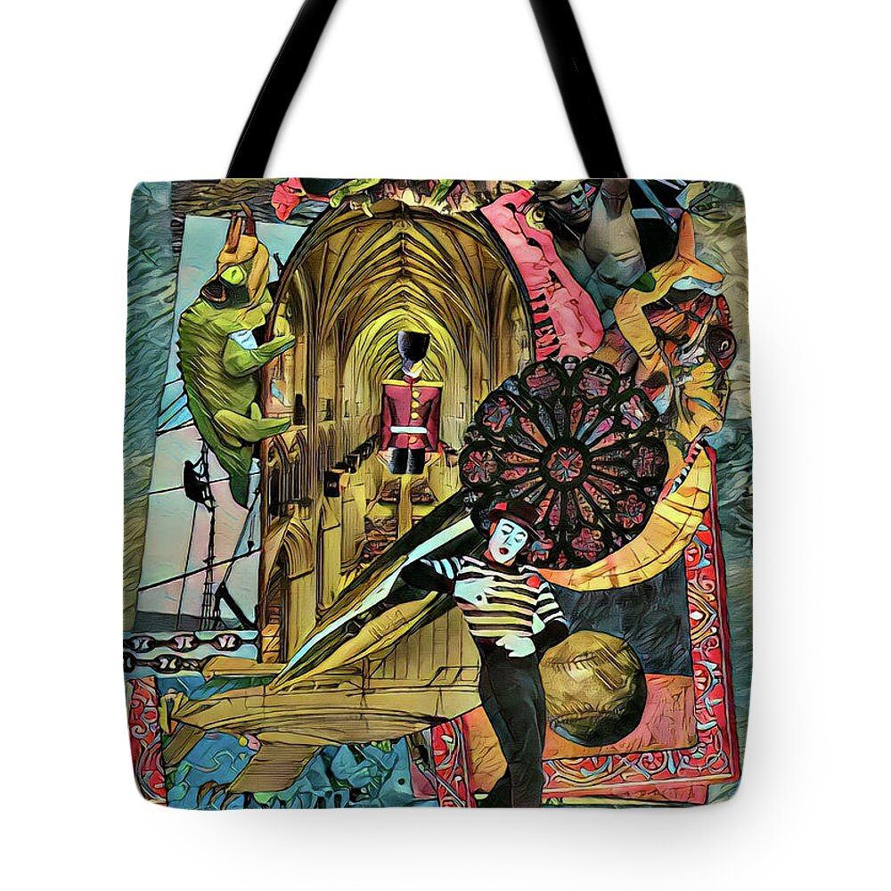Lizard Tote Bag featuring the mixed media Lizard, mime, toy soldier by Debra Amerson
