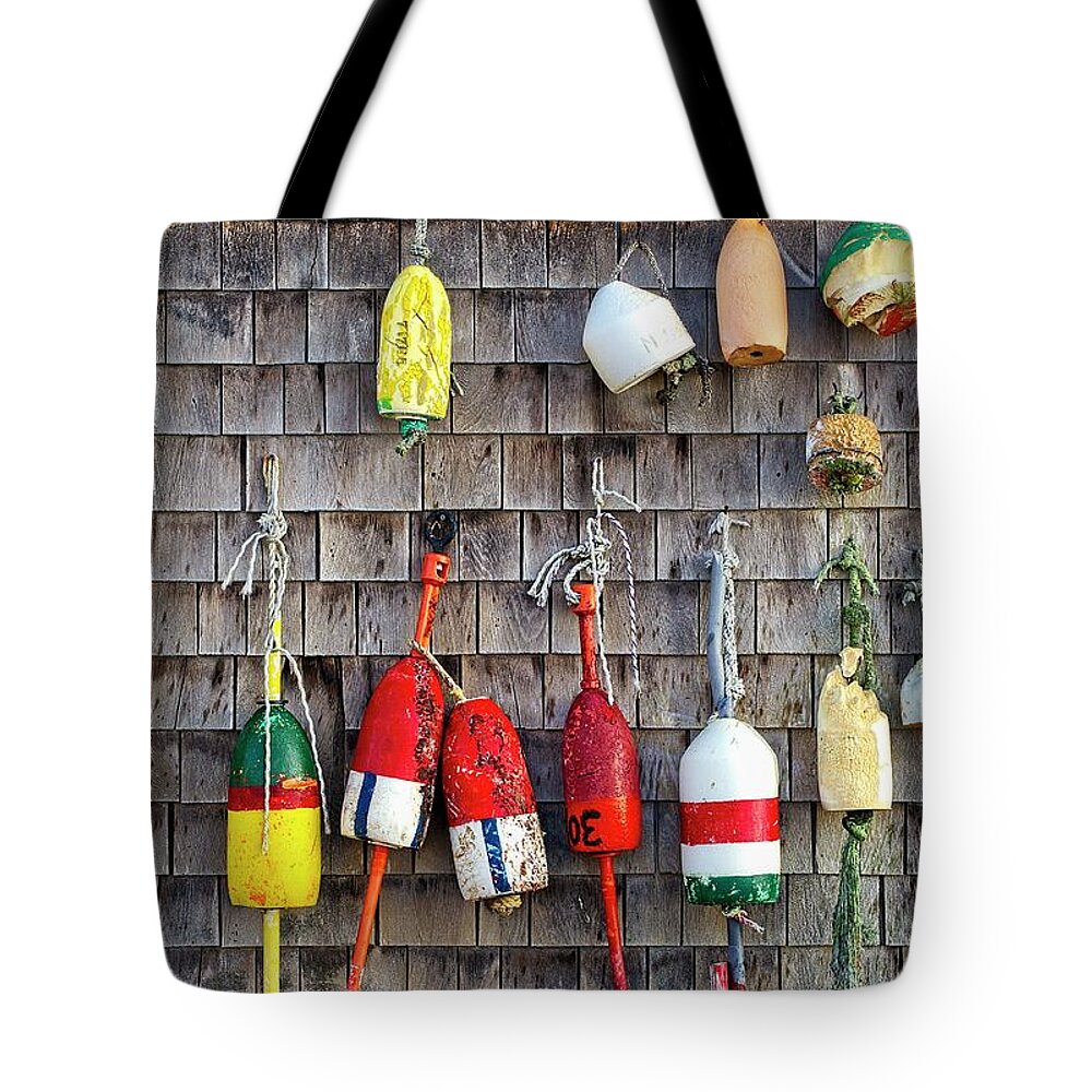 Cape Neddick Tote Bag featuring the photograph Lobster Buoys on Wall, York, Maine by Steven Ralser