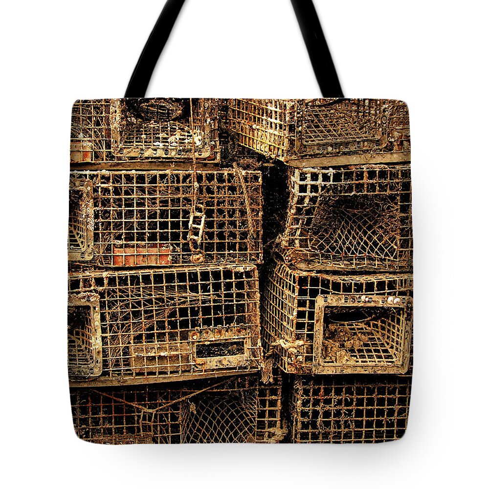 Lobster Trap Dock Pier Tote Bag featuring the photograph Lobster Traps2 by John Linnemeyer